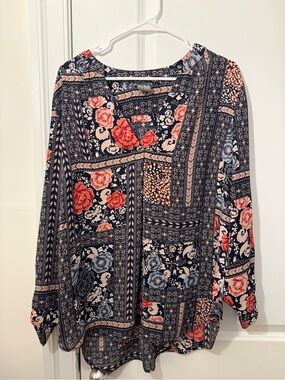 Soho NY & Company Jeans 3/4 Sleeve Floral Patchwork Top- Navy with Coral Size XL